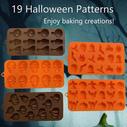 5PCS Halloween Themed Silicone Molds,Acxydm 70 Cavity 3D Skeleton Pumpkin Ghost Bat Tomb Spider Shape Halloween Chocolate Mold,Halloween Silicone ...