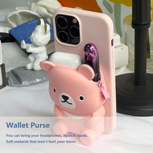 UnnFiko Wallet Phone Case for iPhone 7 Plus 8 Plus 3D Cartoon Cute Bear Purse Stand Holder Soft Silicone Protective Case for Girls Women Pink...