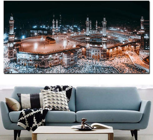 HD Print Mecca Islamic Last Day of Hajj Round Ornament Landscape Muslim Mosque Painting on Wall Canvas Art Poster and Pictures for Living Room (40...