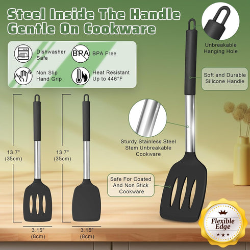 Silicone Turner Spatula Set of 2 Spatulas Silicone Heat Resistant 446°F Kitchen Spatulas for Cooking, Non Stick Cookware Food Grade, BPA Free, Dis...