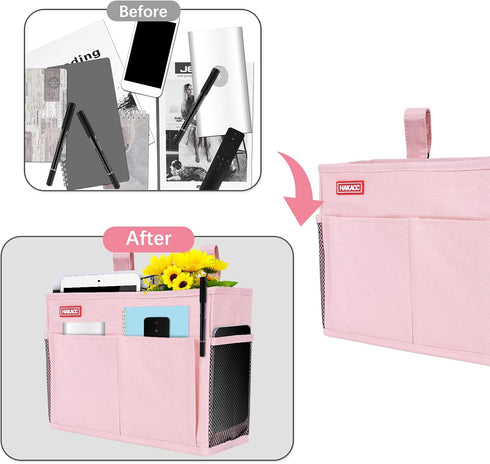 HAKACC Bedside Storage Organizer, Pink Bedside Caddy Remote Holder Hanging Bed Organizer for Home College Dorm...