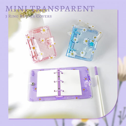 4 Sets Mini Transparent 3 Ring Binder Covers with Daisy Pattern Binder Inner Paper and Pockets Clear Soft PVC Notebook Loose Leaf Binder with Snap...