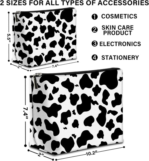 2Pcs Makeup Bag,Travel Makeup Bag,Makeup Bags for Women,Makeup Brush Bag,Large Capacity Cosmetic Bag,Waterproof and Durable-Black White Cow Wester...