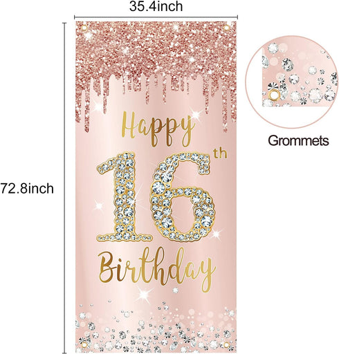 16th Birthday Door Banner Decorations for Girls, Pink Rose Gold Sweet 16 Birthday Door Cover Backdrop Party Supplies, Large Happy Sixteen Year Old...