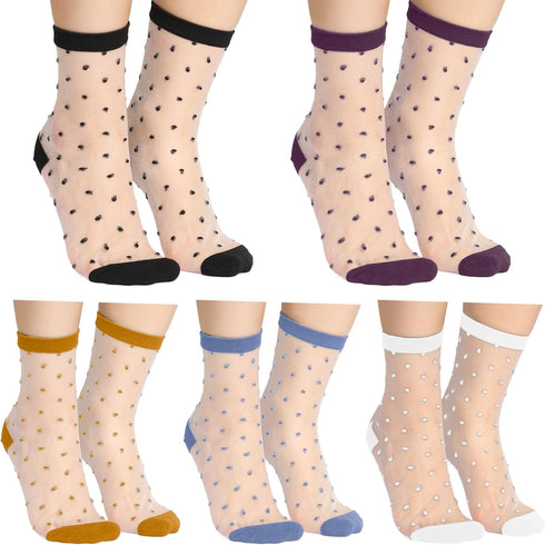 5 Pairs See-Through Socks Colorful Striped Dot Ultra-Thin Glass Socks Sheer Socks Mesh Casual Lace Socks Thin Fishnet Socks for Women...