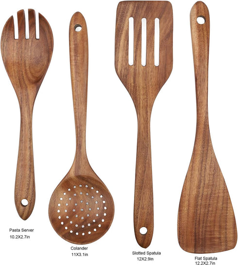 Wooden Cooking Utensils Set 4-Piece Wood Kitchen Utensil Set for Non Stick Cookware Wooden Spatula,Fork,Turner,Ladle,Strainer Spoons...