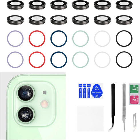 6 Sets for iPhone 12 Back Camera Lens Cover Replacement for iPhone 12 Mini with Metal Frame Purple Blue Green Red White Black HD Tempered Rear Cam...