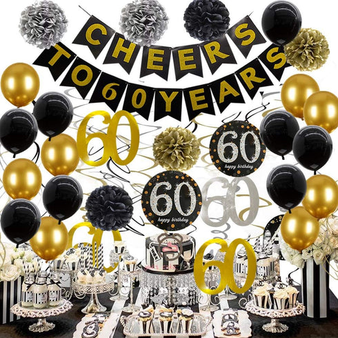 60th Birthday Party Decorations For Men Cheers to 60 Years Black ?nd Gold 60th Birthday Banner 60 Birthday Balloons Decoration For Him...