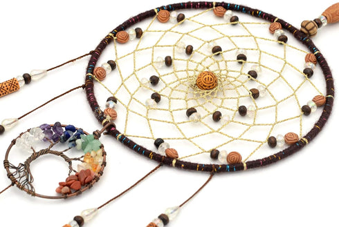 Urdeoms Tree of Life Dream Catchers for Bedroom Adult Brown Boho Dream Catcher Wall Decor for Girls Chakra Crystal Healing Stones Hanging Ornament...