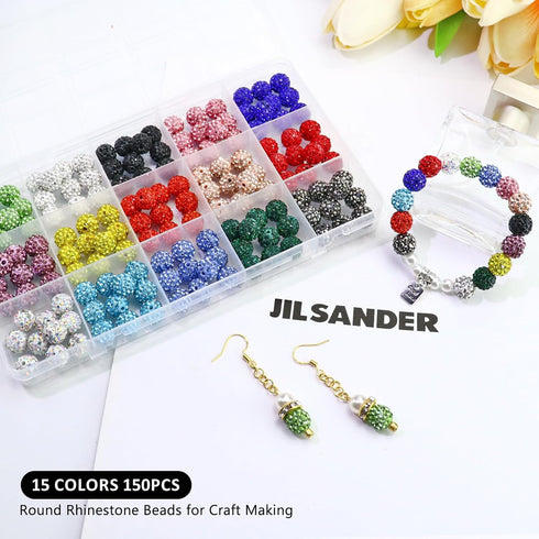 150PCS 10MM Rhinestone Beads for Jewelry Making, Mixed 15 Colors Round Polymer Clay Crystal Beads for Crafts Bracelet Necklace Earring Beaded Pen,...