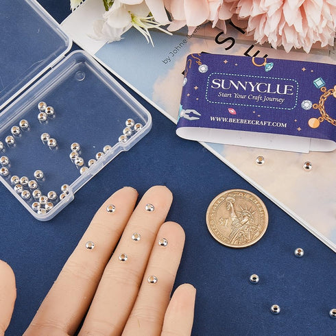 SUNNYCLUE 1 Box 50Pcs Genuine 925 Sterling Silver Beads 4mm Round Beads Bulk Smooth Seamless Ball Bead Rondelle Loose Spacer Beads Metal Spacers f...
