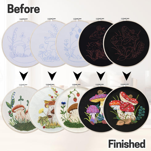 BERYA 5 Set Embroidery Kit for Adult Beginners, Stamped Cross Stitch Kit with Mushroom Pattern, Hoops, Color Threads, Tools and Easy to Follow Ins...