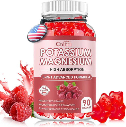Potassium Magnesium Supplement Gummies - 90 Ct | Sugar Free Magnesium Potassium Supplement with Vitamin D, B6, and CoQ10 for Calm Mood & Sleep Sup...