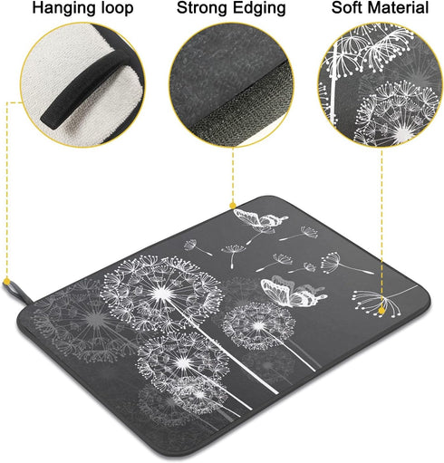 Drying Mat for Kitchen Counter Dandelion Butterfly Dish Drying Mat Dry Mat for Dishes Dish Rack Mat Coffee Bar Mat Dish Drain Mat Drying Mats for ...