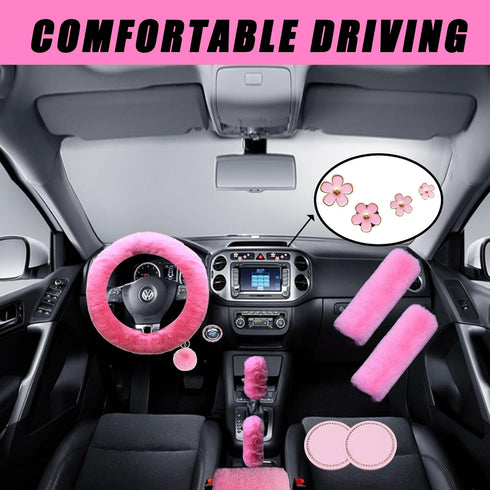 Fluffy Steering Wheel Cover for Women with Furry Gear Cover &Handbrake Cover&Seat Belt Cover&Armrest Pad Fuzzy Car Accessories for Women Pack of 1...