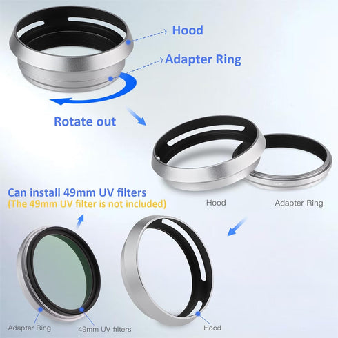 Haoge LH-X53W 3in1 Lens Hood with Adapter Ring with Cap Set for Fujifilm x100vi Fuji FinePix X70 X100 X100S X100T X100F X100V Camera Silver replac...