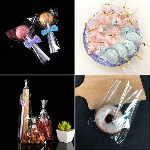 200pcs Cellophane Bags, 15x20 CM/5.9x7.9 Inches Plastic Gift Candy Bags Transparent Cookie Bags with Metallic Ribbon for Bread Biscuits Children's...