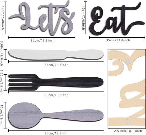 Yerliker 5 Pcs Let's Eat Sign, Wooden Fork Spoon Knife Sign Wall Decor, Rustic Cutout Eat Grey Kitchen Decor for Home Dining Living Room Bar Cafe ...