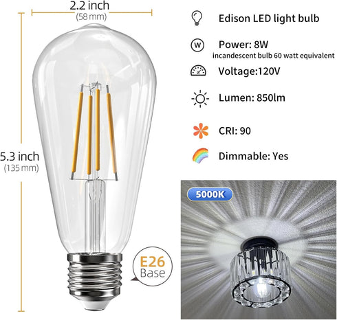 Edison LED Light Bulbs 60 Watt Equivalent 8W Dimmable LED Light Bulbs 5000K Daylight 800 Lumen CRI90 E26 Base for Ceiling Vanity Light Dinning Roo...