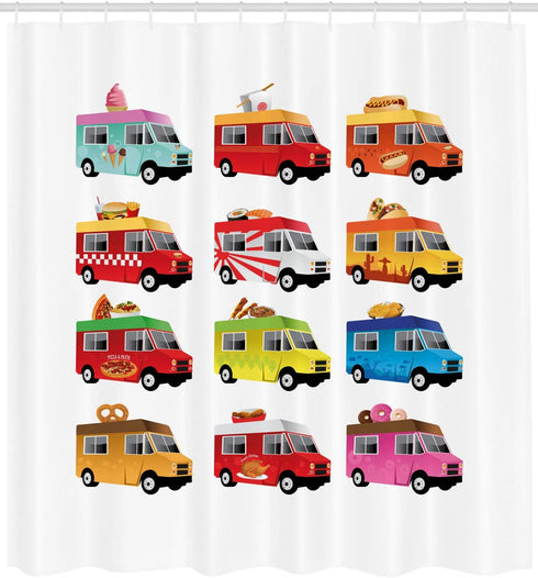 Ambesonne Truck Shower Curtain, Ice Cream Doughnut Burgers Pizza Sushi Hotdog Colorful Food Truck Illustration, Cloth Fabric Bathroom Decor Set wi...