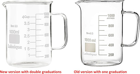 Labnique Glass Beaker with Handle, Beaker Mug with Pouring Spout, Double Graduated, 1000ml (33.8 oz / 4.2 cups)...