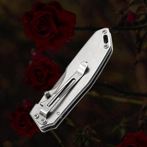ALBATROSS 7" EDC Simple Practical Folding Knife Liner Lock Pocket Knife with 8Cr14MoV Steel Blade,Rose pattern Stainless steel Handle,Belt Clip an...