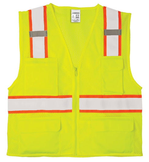 Kishigo All Mesh Contrast Unisex Reflective Safety Vest 1195, ANSI Type R / Class 2 Compliant, 6 Pockets - Pencil & Radio Pockets, Zipper Front, S...