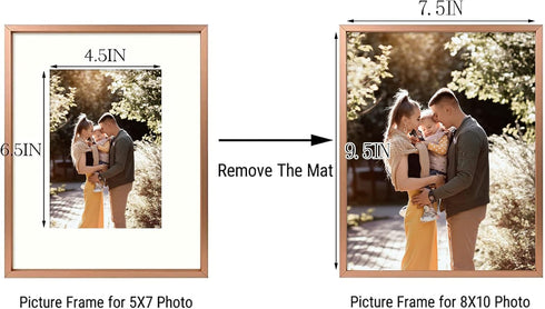 Golden State Art, Rose Gold 8x10 Aluminum Frame for 8 x 10 Picture or 5x7 Photo with Mat - Shatter - Resistant Glass - Wall or Tabletop Display - ...