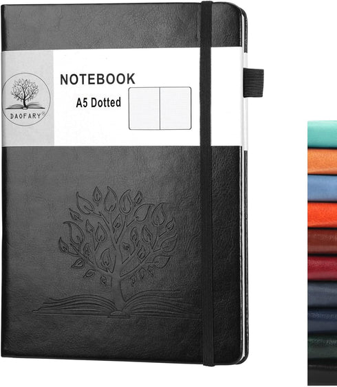 Dotted Journal Notebook with Pen Holder— A5 Leather Dot Grid Notebook with 160 Pages 100gsm Thick Paper, Hardcover Dotted Journal with Pocket for ...