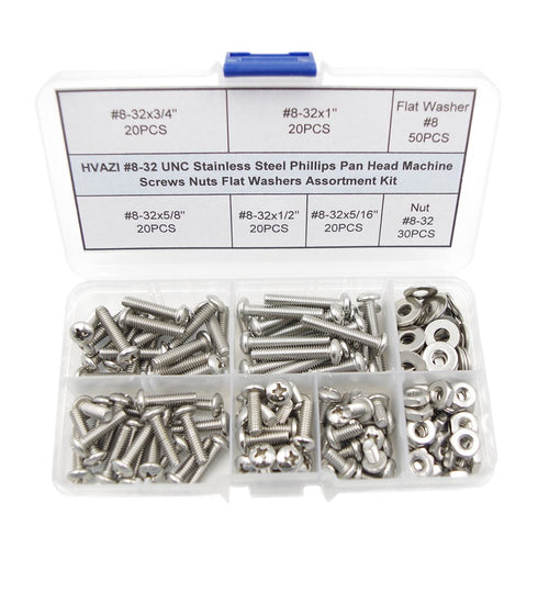 #8-32 UNC Stainless Steel Phillips Pan Head Machine Screws Nuts Flat Washers Assortment Kit...