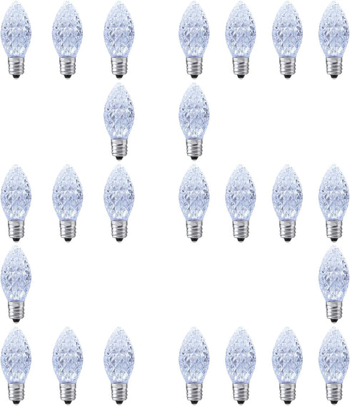 25 Pack C7 Cool White LED Replacement Christmas Light Faceted Bulbs, 0.72W, 2 SMD LEDs in Each Light Bulb, E12 Base, Commercial Grade Replacement ...