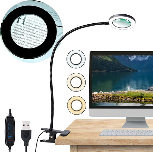Desk Magnifying Glass with Light 5X, Clip on Desk Light with 3 Light Color, 5w LED Desk Lamp with Clamp 10 Adjustable Brightness, Flexible Goosene...