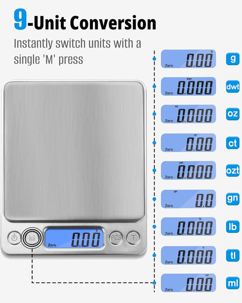 NEXT-SHINE Gram Scale, Digital Pocket Scale Portable Mini Size 500g x 0.01g with Back-Lit LCD Display Stainless Steel Platform Grams Ounces for Co...