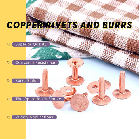 Swpeet 50Pcs 10×3.3×12mm Copper Rivet and Burrs Assortment Kit, DIY Leather Kit for Belts Wallets Collars Leather Products Craft MakingBelts Walle...