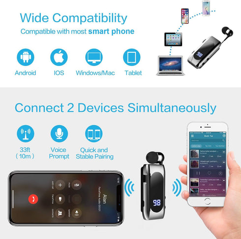 Retractable Wireless Headset Headphone Stereo Earphone V5.0 Noise Cancelling Mic Clip on Earpiece Comfortable HandsFree Headset 20Hrs Talking Time...