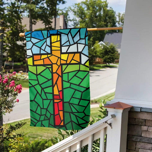 YISHOW Jesus Christ Cross Religious Stained Glass Style Garden Flag Double Sided Vertical Christian Lord Faith Cross Stained Glass Style House Fla...