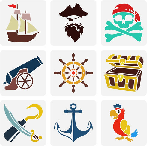FINGERINSPIRE 9 Pcs Pirate Theme Stencil Sets 5.9x5.9 inch Pirates Machetes Skeletons Stencils Plastic Steering Wheel Parrots Treasure Chest Patte...