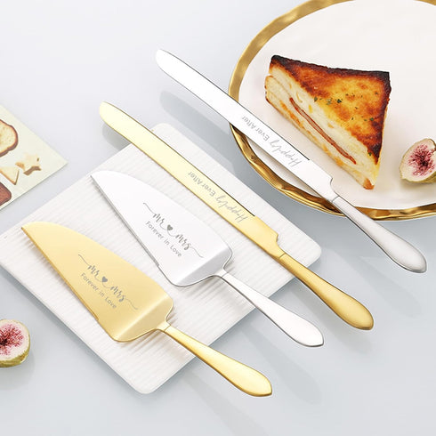 ROXBURGH Wedding Cake Knife and Server Set, Engraved Mr and Mrs Gold Forks Cake Cutting Set Pie Dessert Servers for Wedding Anniversary Bridal Sho...