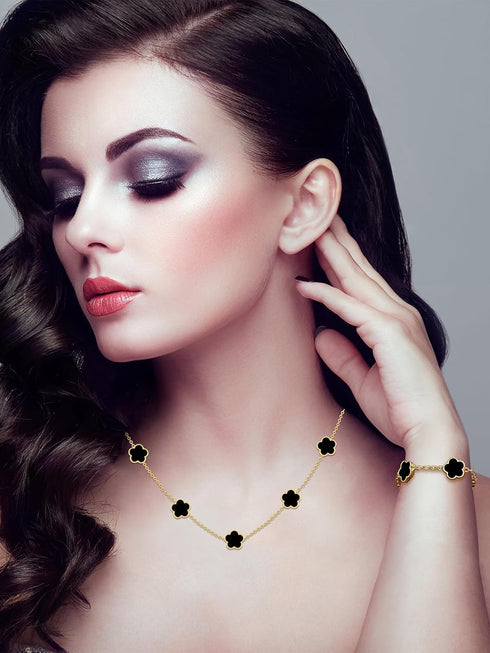 Four Leaf Clover Necklace and Bracelet Set for Women Lucky Flower 14K Gold Jewelry...