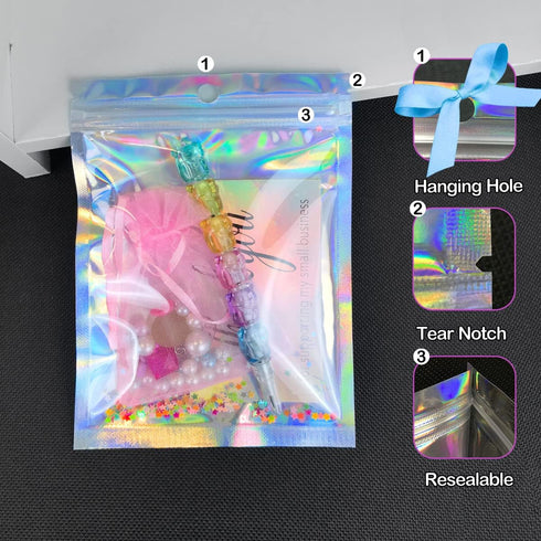 100 Pcs Holographic Resealable Packaging Bags for Small Business Supplies, Cute Small Color Smell Proof Foil Pouch Plastic Baggies for Lip Gloss S...