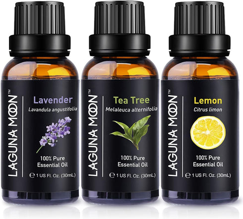 Pure Tea Tree, Lavender, Lemon Essential Oils - Top 3pc Oil Gift Set - for Diffusers, Humidifiers, Massages, Yoga Room, Home, Office - Safe for Sk...