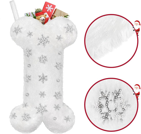Malier Pet Dog Christmas Stocking, Xmas Luxury Faux Fur Large Bone Shape Hanging with Silver Snowflakes Sequin Decorations Pets Christmas Stocking...