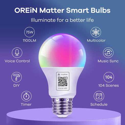 OREiN Matter Smart RGBTW Bulb, 1100 Lumens 75W Equivalent Smart Light Bulbs, Color Changing Light Bulbs Work with Apple Home, Alexa, Google Home, ...
