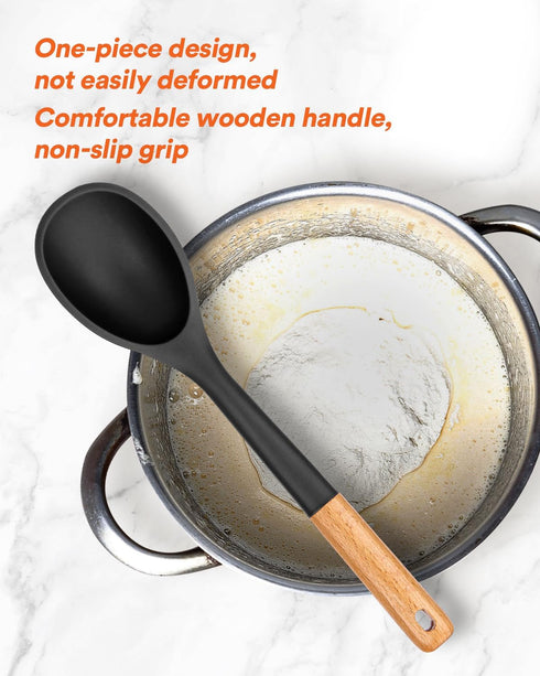 Large Silicone Cooking Spoons, Nonstick Solid Wooden Handle Spoon, Heat Resistan Silicone Kitchen Spoons for Cooking, Serving, Basting, Mixing, 13...
