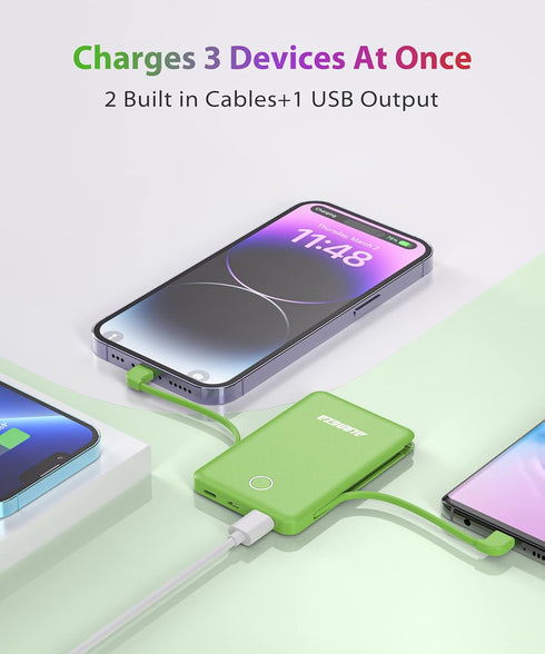 Alongza 6000mAh Small Portable Phone Charger with Built in Cable Lightweight Power Bank USB C Fast Charging External Battery Pack Slim Backup Char...