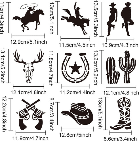 9PCS Cowboy Stencil 6×6inch Cowboy Boots and Hat Cactus Western Cowboy Cowgirl Stencil Reusable Hollow Out Drawing Template for DIY Projects, Pain...