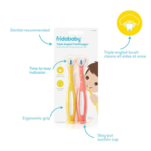 Frida Baby Triple-Angle Toothhugger Training Toddler Toothbrush | Toddler Toothbrush 2 Years and Up, Cleans All Sides at Once | 2 Pack (Yellow + P...