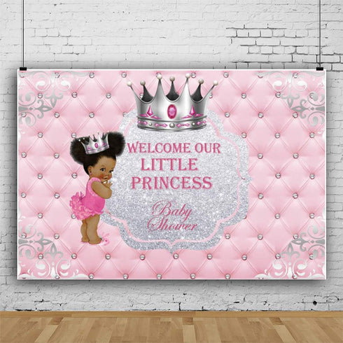 DASHAN 7x5ft Polyester Baby Shower Backdrop Welcome Our Little Princess Silver Crown Pink Photography Background for Newborn Baby Shower Baby Girl...