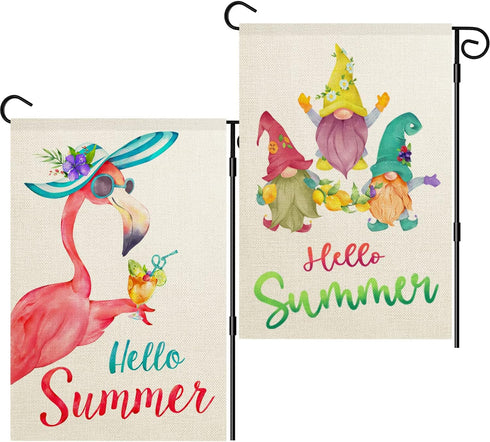 2 Pack Summer Garden Flags 12x18 Double Sided, Vertical Burlap Hello Summer Flamingo Garden Flag, Gnome Yard Flag for Home Outdoor Seasonal Decor...