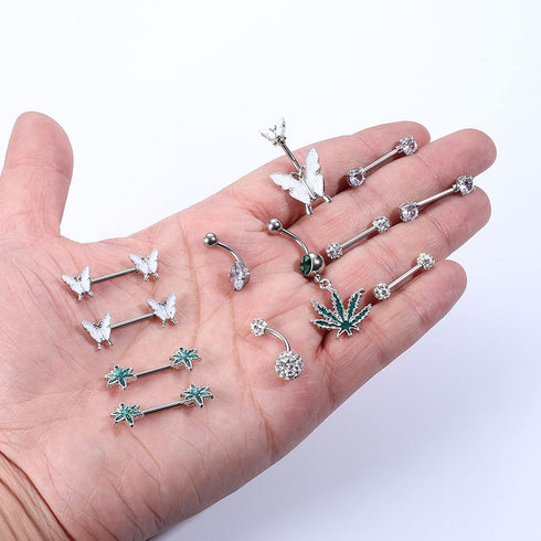 Sanfenly 14G Nipple Rings Belly Button Rings for Women 316L Surgical Steel Curved Navel Barbell CZ Weed Butterfly Tongue Rings Belly Nipple Pierci...